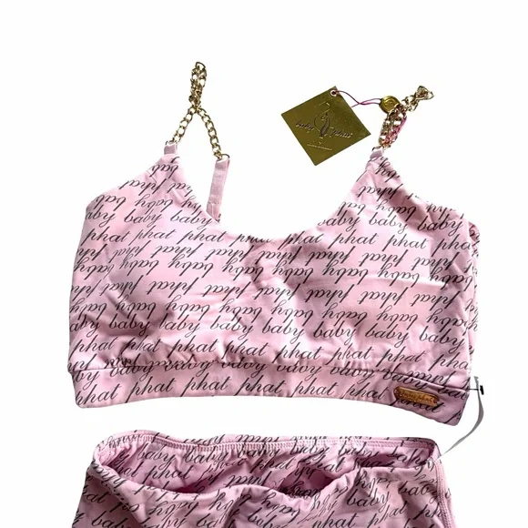Baby Phat NWT Pink Logo Print Chain Bralette & Biker Shorts Size Small Medium - Picture 4 of 16
